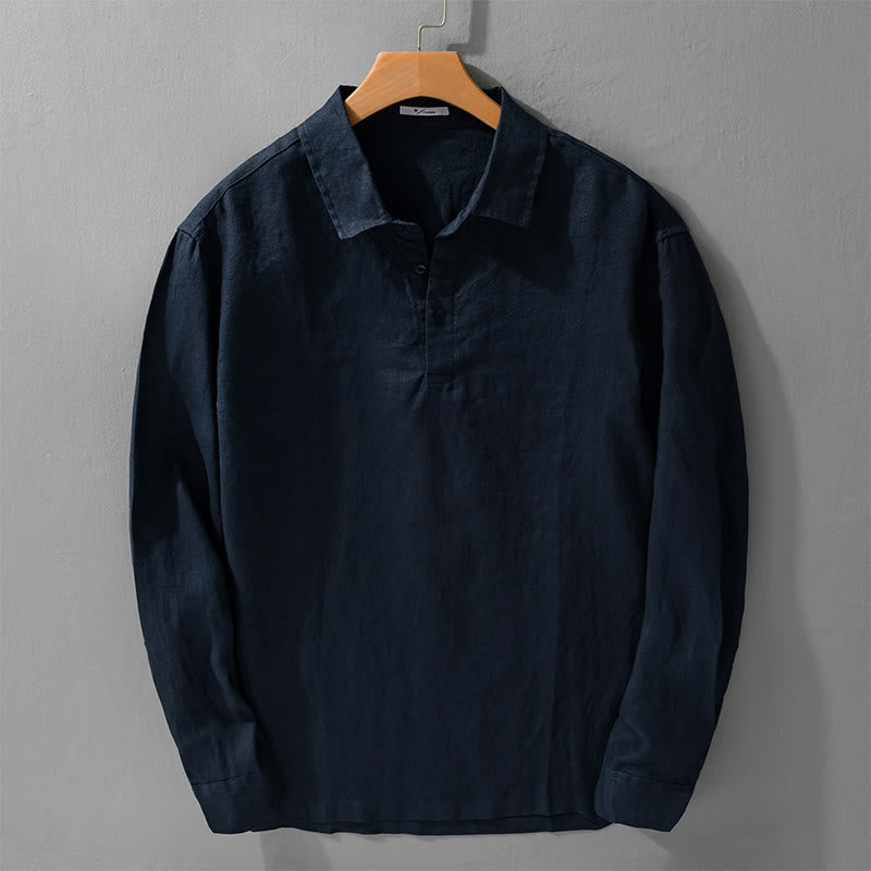 Buddha Stones Men's Solid Color Lapel Buttons Long Sleeve Pure Linen Shirt - MidnightBlue - US/UK/AU42，EU52 (3XL) - image 0