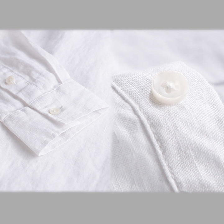 Buddha Stones Men's Solid Color Lapel Buttons Long Sleeve Pure Linen Shirt - image 13