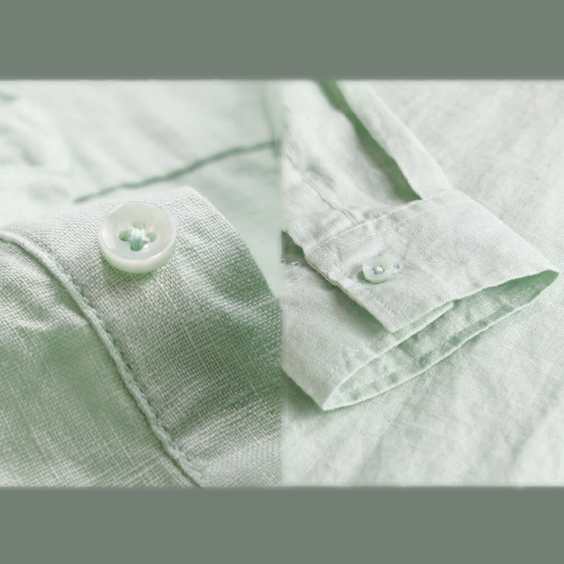 Buddha Stones Men's Solid Color Lapel Buttons Long Sleeve Pure Linen Shirt - image 9
