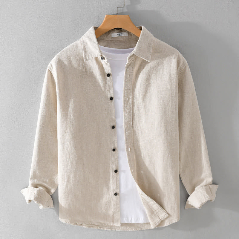 Buddha Stones Men's Pure Color Lapel Buttons Simple Design Ramie Cotton Long Sleeve Shirt - Linen - US/UK/AU42，EU52 (3XL) - image 0