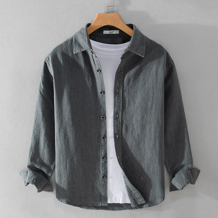 Buddha Stones Men's Pure Color Lapel Buttons Simple Design Ramie Cotton Long Sleeve Shirt - SlateGray - US/UK/AU42，EU52 (3XL) - image 5
