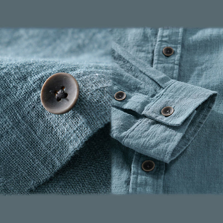 Buddha Stones Men's Pure Color Lapel Buttons Simple Design Ramie Cotton Long Sleeve Shirt - image 16