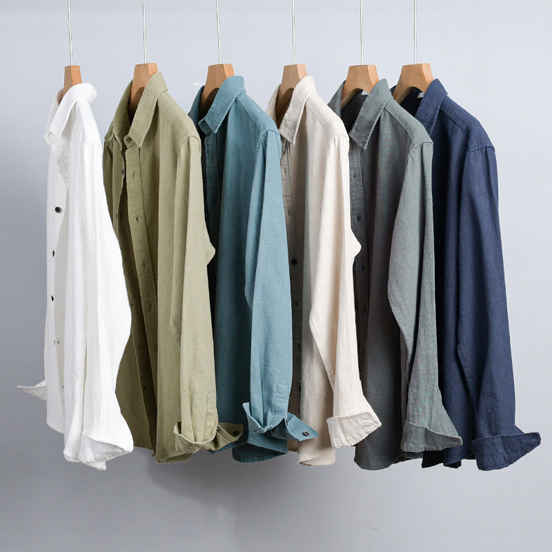 Buddha Stones Men's Pure Color Lapel Buttons Simple Design Ramie Cotton Long Sleeve Shirt - image 20