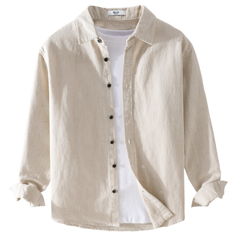 Buddha Stones Men's Pure Color Lapel Buttons Simple Design Ramie Cotton Long Sleeve Shirt - image 4