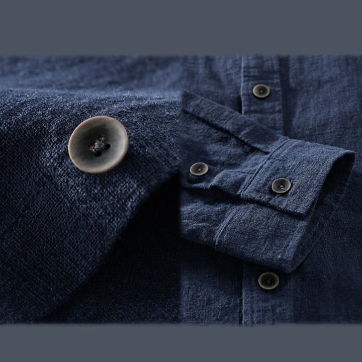 Buddha Stones Men's Pure Color Lapel Buttons Simple Design Ramie Cotton Long Sleeve Shirt - image 10