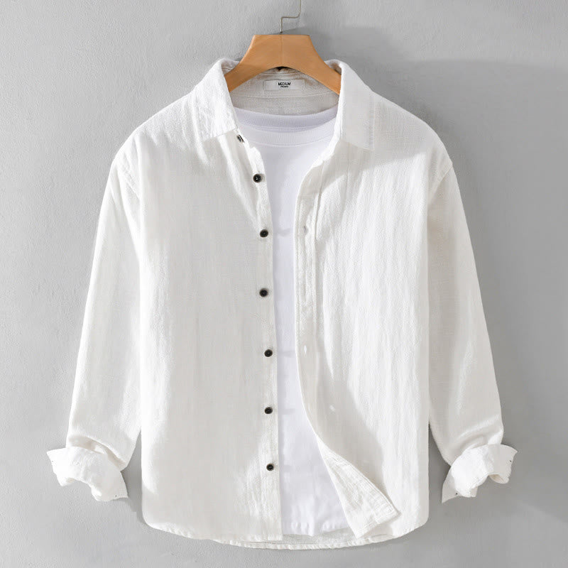 Buddha Stones Men's Pure Color Lapel Buttons Simple Design Ramie Cotton Long Sleeve Shirt - White - US/UK/AU42，EU52 (3XL) - image 11