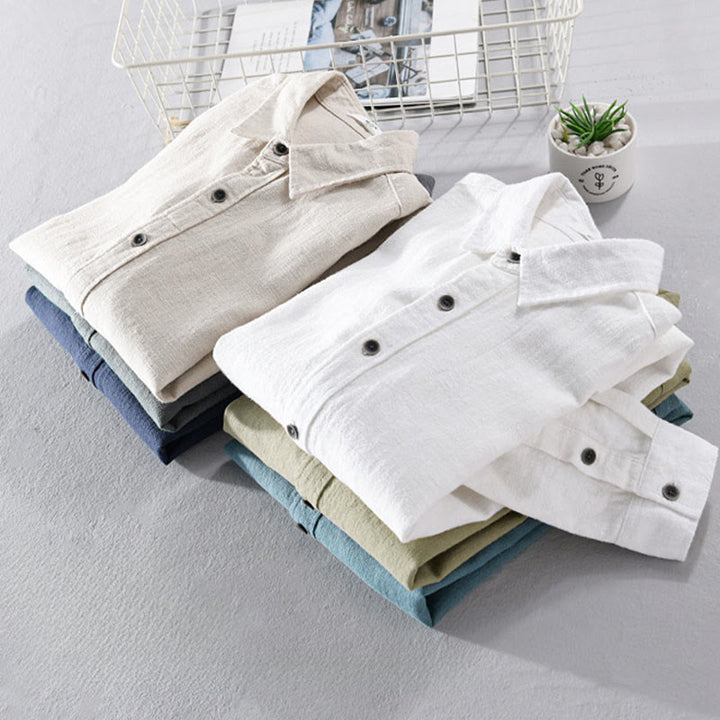 Buddha Stones Men's Pure Color Lapel Buttons Simple Design Ramie Cotton Long Sleeve Shirt - image 21