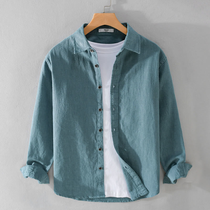 Buddha Stones Men's Pure Color Lapel Buttons Simple Design Ramie Cotton Long Sleeve Shirt - LightSeaGreen - US/UK/AU42，EU52 (3XL) - image 14