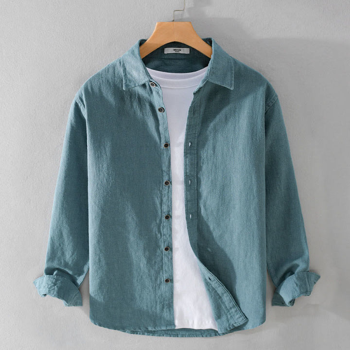 Buddha Stones Men's Pure Color Lapel Buttons Simple Design Ramie Cotton Long Sleeve Shirt - LightSeaGreen - US/UK/AU42，EU52 (3XL) - image 14