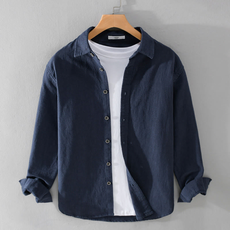 Buddha Stones Men's Pure Color Lapel Buttons Simple Design Ramie Cotton Long Sleeve Shirt - MidnightBlue - US/UK/AU42，EU52 (3XL) - image 8