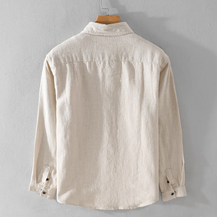 Buddha Stones Men's Pure Color Lapel Buttons Simple Design Ramie Cotton Long Sleeve Shirt - image 1