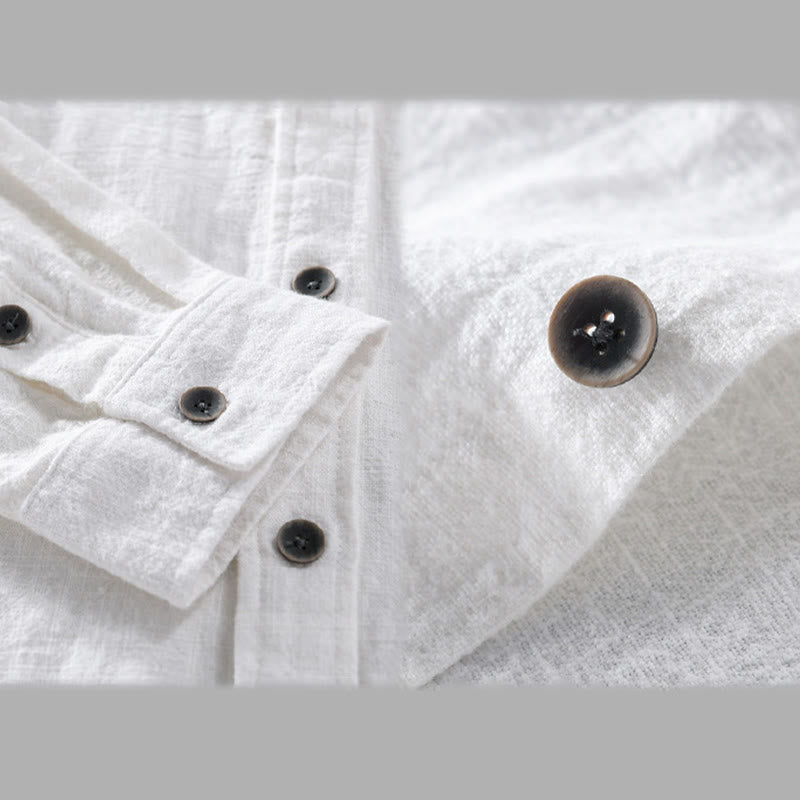 Buddha Stones Men's Pure Color Lapel Buttons Simple Design Ramie Cotton Long Sleeve Shirt - image 13