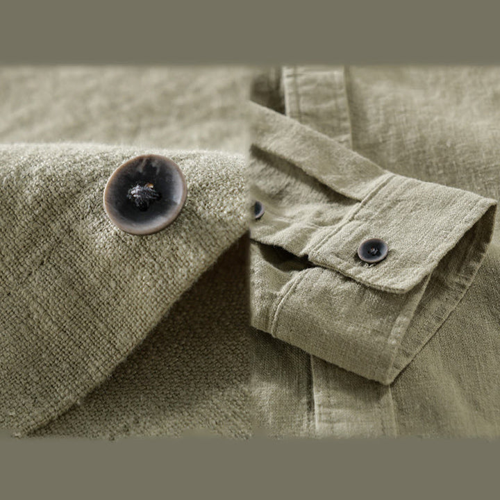 Buddha Stones Men's Pure Color Lapel Buttons Simple Design Ramie Cotton Long Sleeve Shirt - image 19