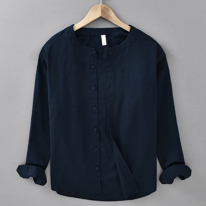 Buddha Stones Men's Spring Pure Color Stand Collar Cotton Linen Long Sleeve Shirt - MidnightBlue - US/UK/AU42，EU52 (3XL) - image 0