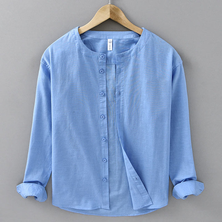 Buddha Stones Men's Spring Pure Color Stand Collar Cotton Linen Long Sleeve Shirt - DodgerBlue - US/UK/AU42，EU52 (3XL) - image 17