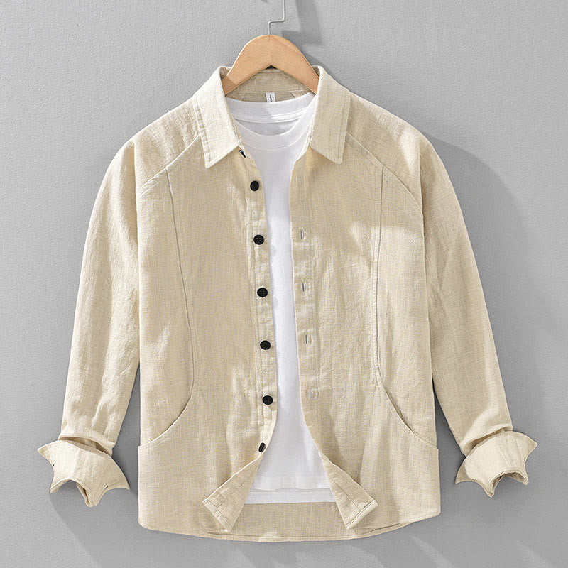 Buddha Stones Men's Fall Plain Ramie Cotton Long Sleeve Lapel Shirt With Pockets - LightGoldenrodYellow - US/UK/AU42，EU52 (3XL) - image 0