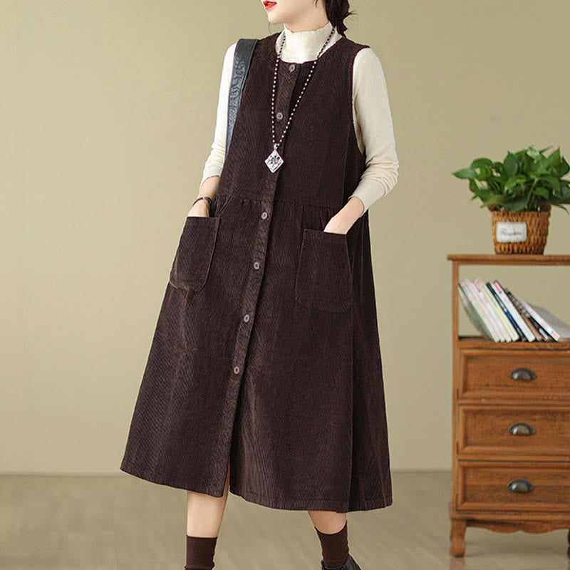 Buddha Stones Fall Retro Buttons Design Cotton Corduroy Sleeveless Midi Dress With Pockets - image 2