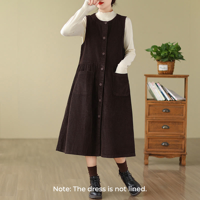 Buddha Stones Fall Retro Buttons Design Cotton Corduroy Sleeveless Midi Dress With Pockets - image 1