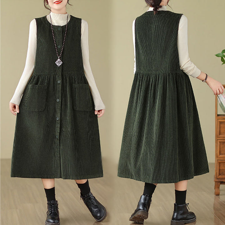 Buddha Stones Fall Retro Buttons Design Cotton Corduroy Sleeveless Midi Dress With Pockets - image 11
