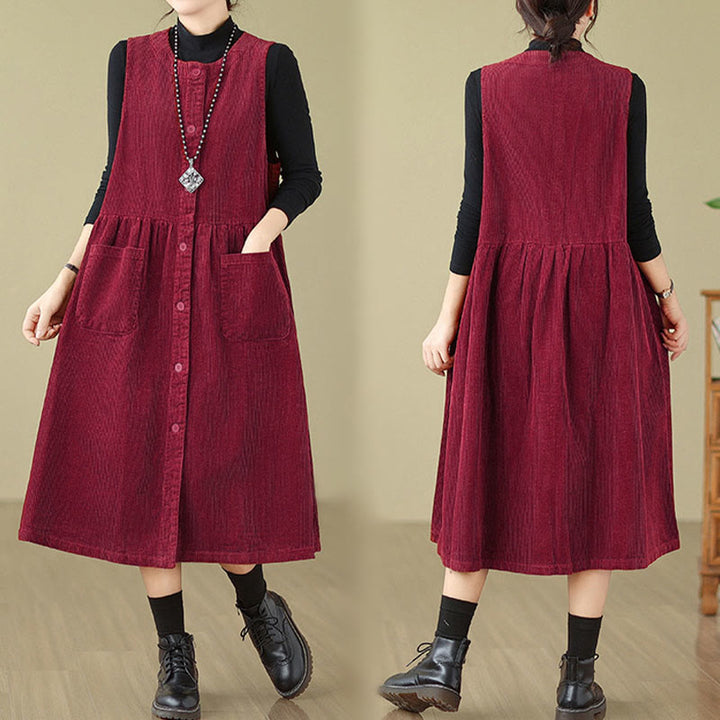 Buddha Stones Fall Retro Buttons Design Cotton Corduroy Sleeveless Midi Dress With Pockets - image 24