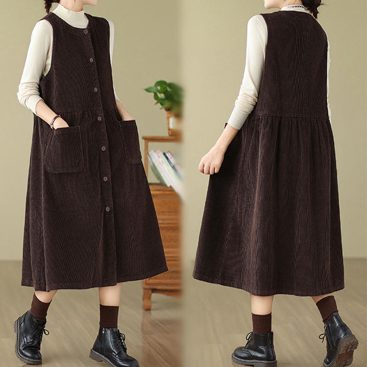 Buddha Stones Fall Retro Buttons Design Cotton Corduroy Sleeveless Midi Dress With Pockets - image 4