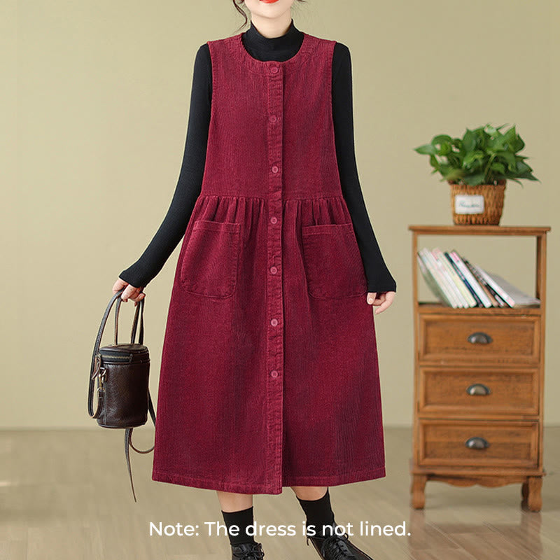 Buddha Stones Fall Retro Buttons Design Cotton Corduroy Sleeveless Midi Dress With Pockets - image 21