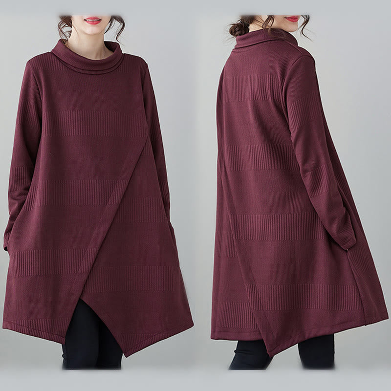 Buddha Stones Winter Irregular Hem Design Mock Neck Long Sleeve Midi Dress With Pockets - image 10