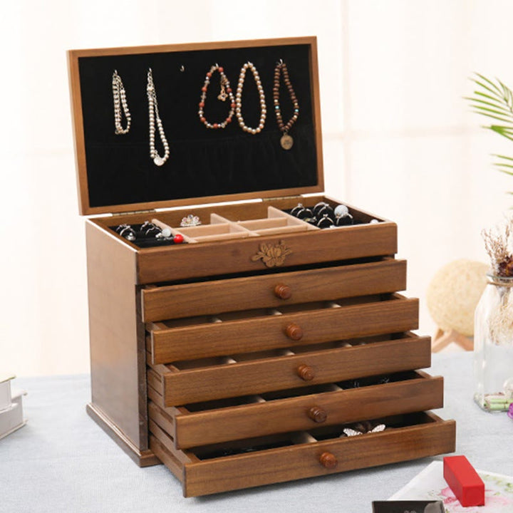 Buddha Stones Large Capacity Vintage Flowers Carved Wooden Jewelry Box Six-Layer Jewelry Storage Box - Wenge Wood Color 32*20.6*24.7cm - image 5
