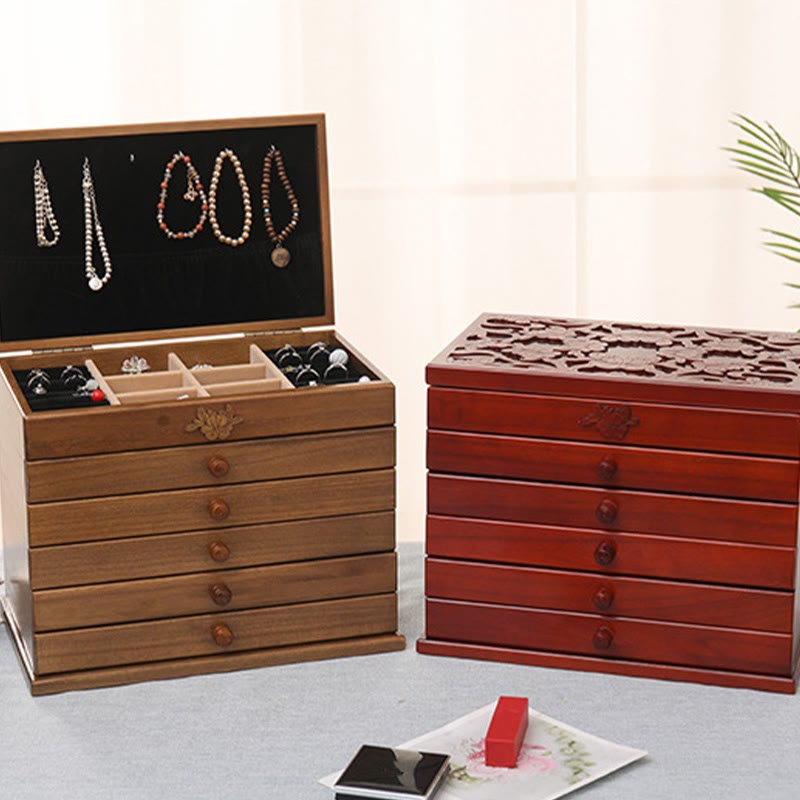 Buddha Stones Large Capacity Vintage Flowers Carved Wooden Jewelry Box Six-Layer Jewelry Storage Box - image 1