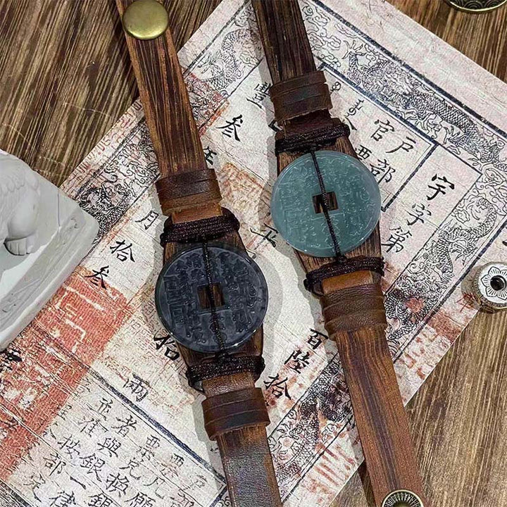 Buddha Stones Jade Mountain Ghosts Spend Money Prosperity Leather Watch Band Bracelet  - image 2
