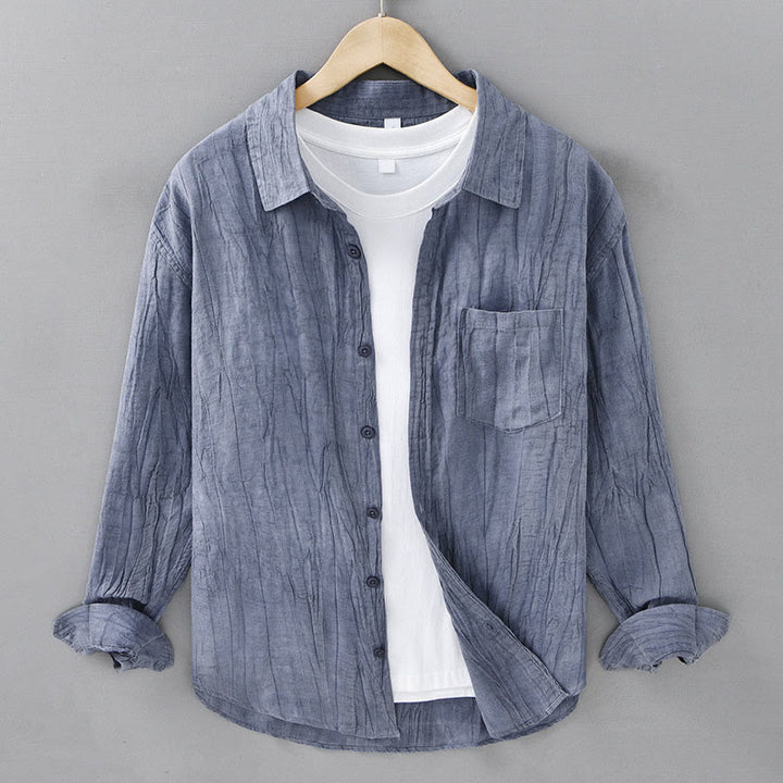 Buddha Stones Solid Long Sleeve Stand Collar Wrinkles Button Down Ramie Linen Men's Shirts - LightSteelBlue - US/UK/AU42，EU52 (3XL) - image 0