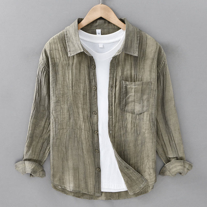 Buddha Stones Solid Long Sleeve Stand Collar Wrinkles Button Down Ramie Linen Men's Shirts - DarkKhaki - US/UK/AU42，EU52 (3XL) - image 8
