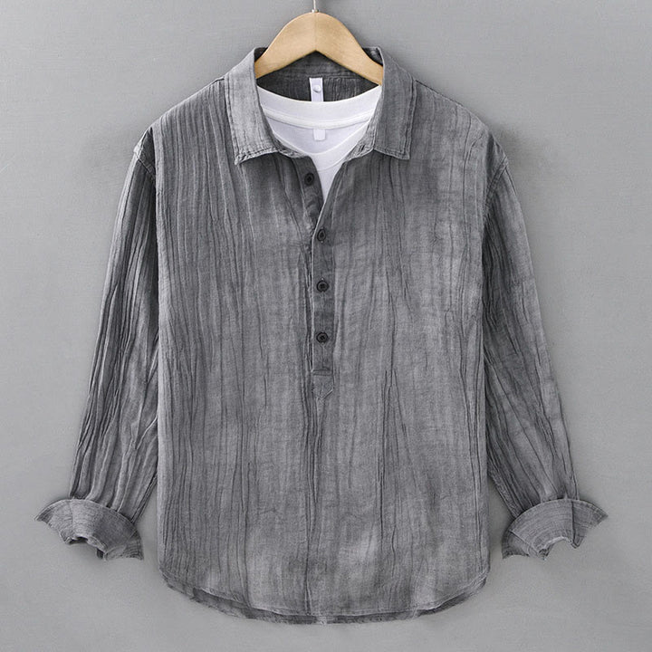 Buddha Stones Solid Long Sleeve Stand Collar Wrinkles Half Button Ramie Linen Men's Shirts - Gray - US/UK/AU42，EU52 (3XL) - image 4