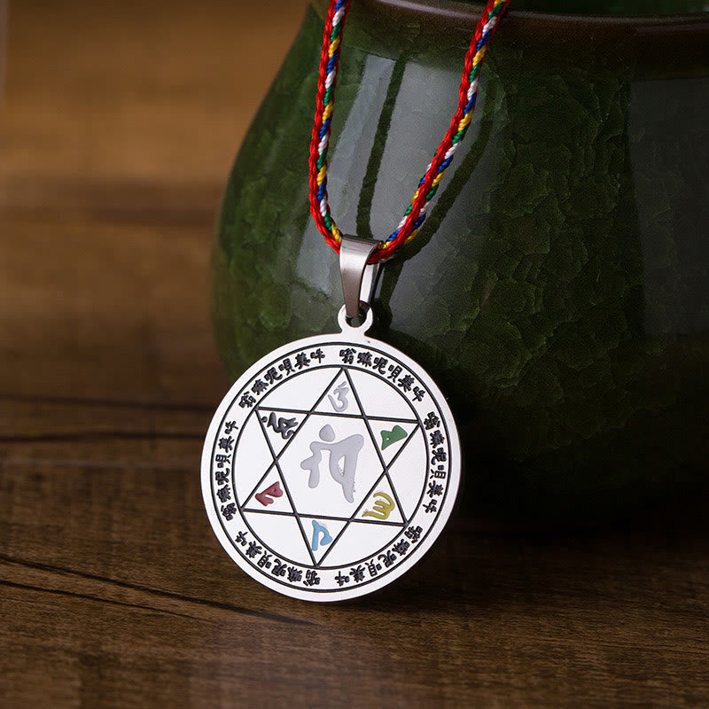 Buddha Stones Colorful Om Mani Padme Hum Titanium Steel Protection Rope Necklace Pendant - image 2