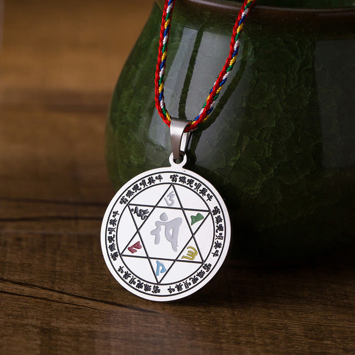 Buddha Stones Colorful Om Mani Padme Hum Titanium Steel Protection Rope Necklace Pendant - image 2