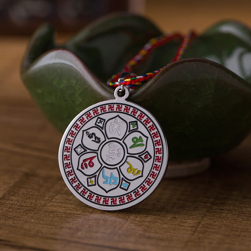 Buddha Stones Colorful Om Mani Padme Hum Titanium Steel Protection Rope Necklace Pendant - image 1