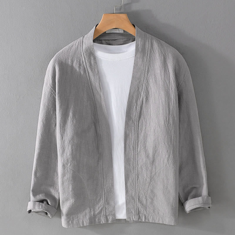 Buddha Stones Simple Long Sleeve Open Front Ramie Cotton Men's Shirts With Pockets - LightGrey - US/UK/AU42，EU52 (3XL) - image 0