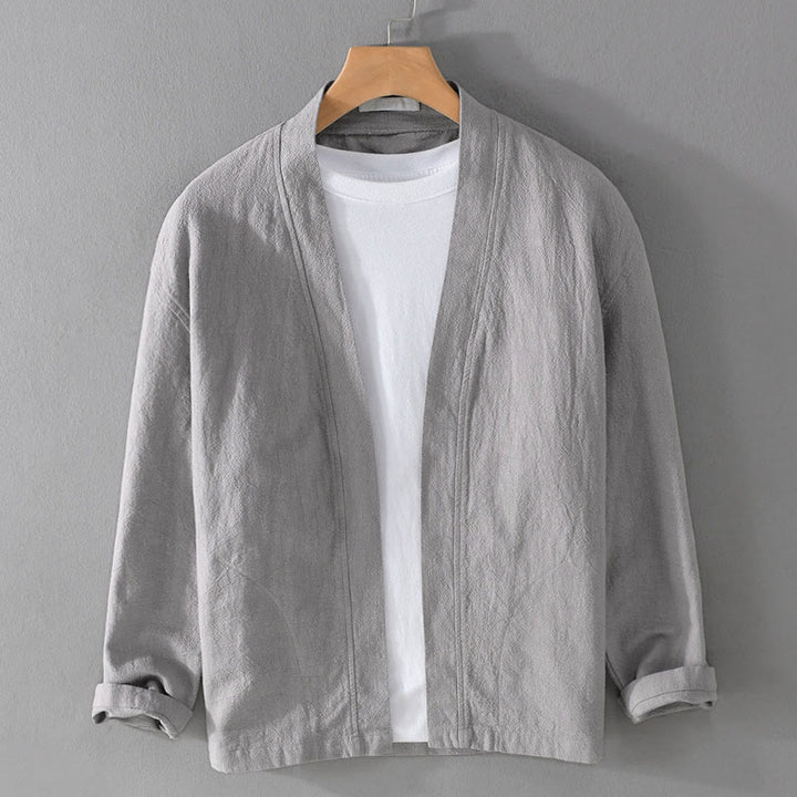 Buddha Stones Simple Long Sleeve Open Front Ramie Cotton Men's Shirts With Pockets - LightGrey - US/UK/AU42，EU52 (3XL) - image 0