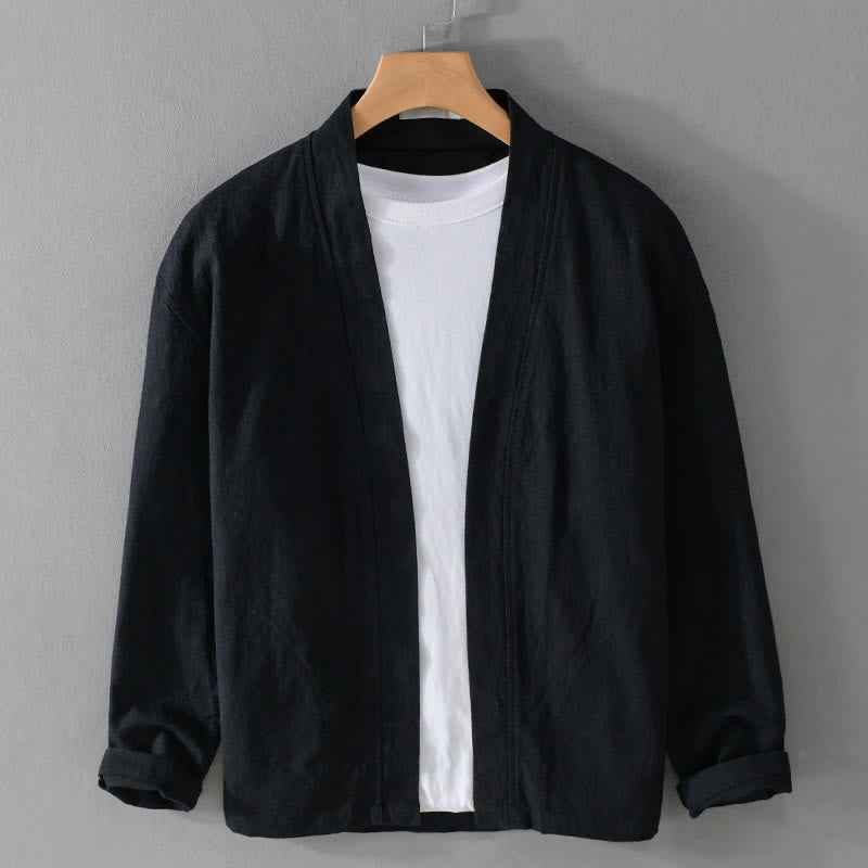 Buddha Stones Simple Long Sleeve Open Front Ramie Cotton Men's Shirts With Pockets - Black - US/UK/AU42，EU52 (3XL) - image 11