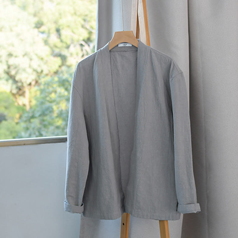 Buddha Stones Simple Long Sleeve Open Front Ramie Cotton Men's Shirts With Pockets - image 3