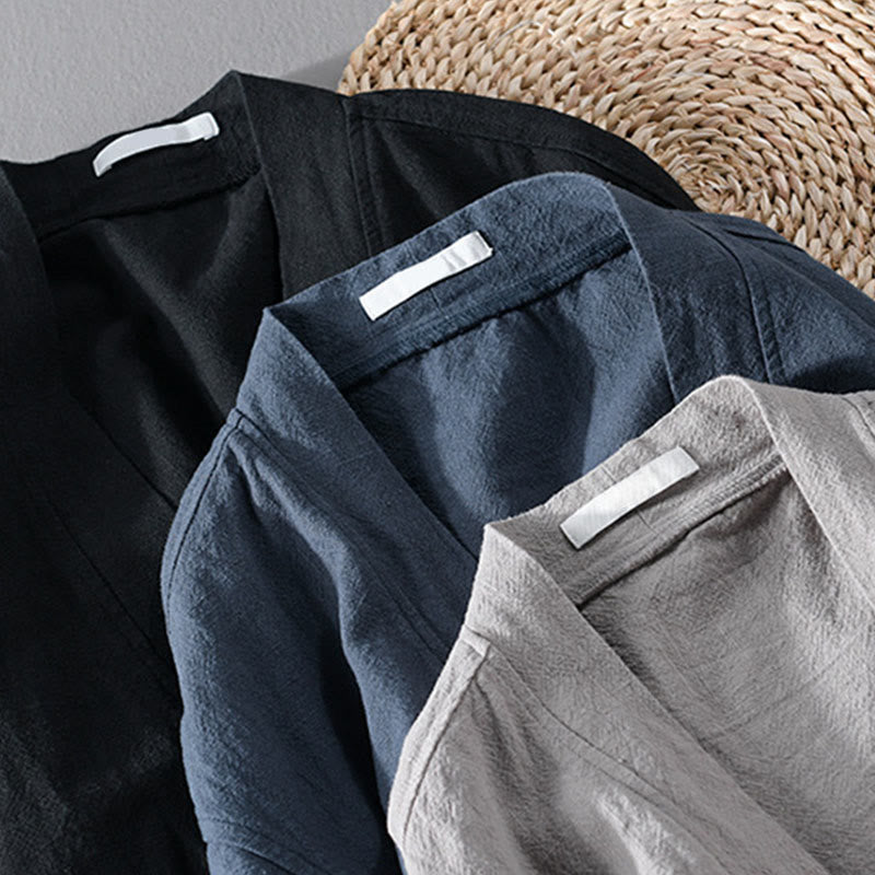 Buddha Stones Simple Long Sleeve Open Front Ramie Cotton Men's Shirts With Pockets - image 24