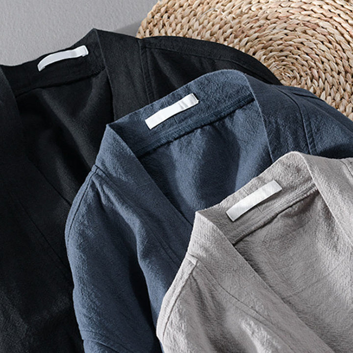 Buddha Stones Simple Long Sleeve Open Front Ramie Cotton Men's Shirts With Pockets - image 24