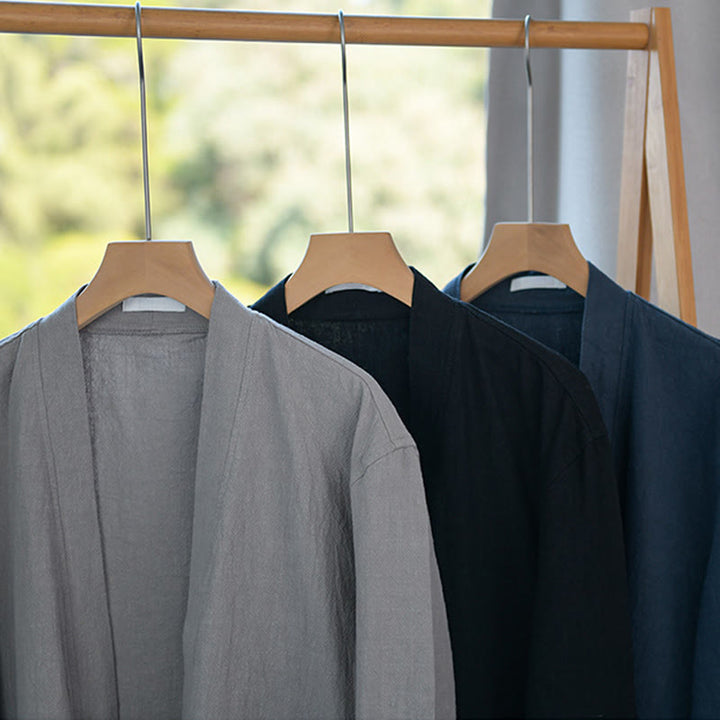 Buddha Stones Simple Long Sleeve Open Front Ramie Cotton Men's Shirts With Pockets - image 28