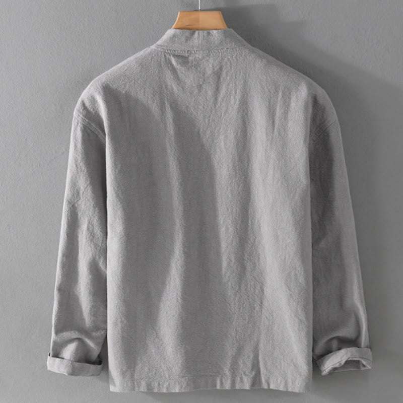 Buddha Stones Simple Long Sleeve Open Front Ramie Cotton Men's Shirts With Pockets - image 2