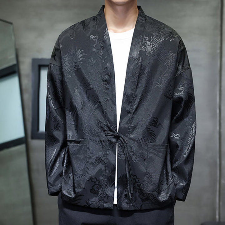 Buddha Stones Frog-Button Dragon Jacquard Stand Collar Long Sleeve Tang Suit Men's Shirt - image 5