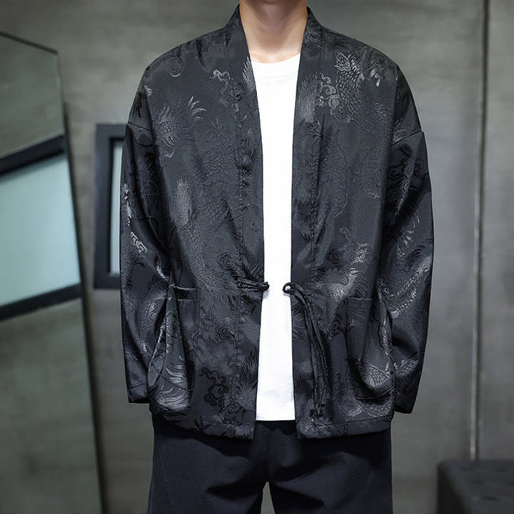 Buddha Stones Frog-Button Dragon Jacquard Stand Collar Long Sleeve Tang Suit Men's Shirt - image 6