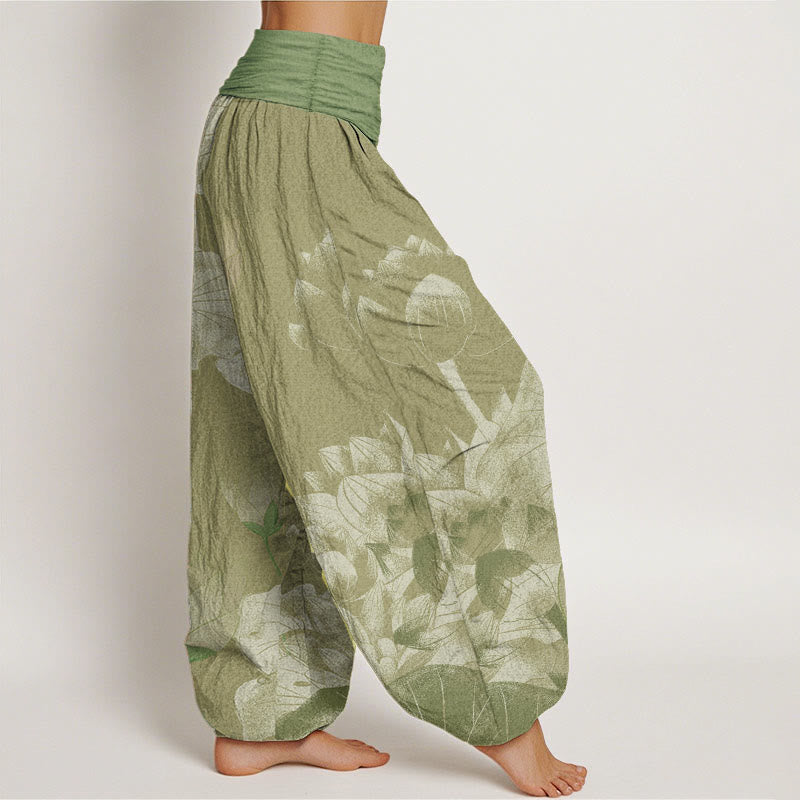 Buddha Stones Pure Cotton Pink And White Lotus Women's Elastic Waist Harem Pants - image 10