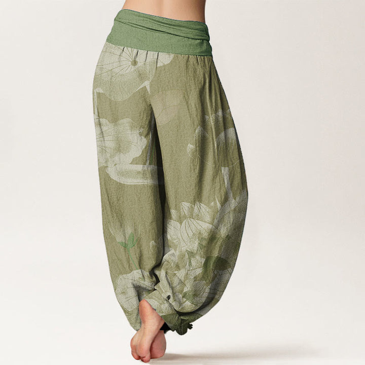 Buddha Stones Pure Cotton Pink And White Lotus Women's Elastic Waist Harem Pants - image 9