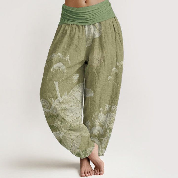 Buddha Stones Pure Cotton Pink And White Lotus Women's Elastic Waist Harem Pants - DarkKhaki	 - US22，UK/AU26，EU54 (6XL) - image 8