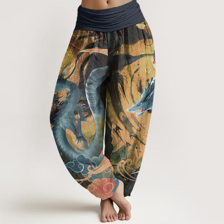 Buddha Stones Pure Cotton Dragon Auspicious Clouds Pattern Women's Elastic Waist Harem Pants - MidnightBlue - US22，UK/AU26，EU54 (6XL) - image 8